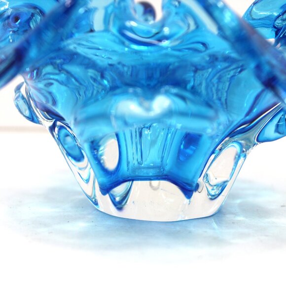 MCM Art Glass Blue Hand Blown Curly Wavy Top Bowl/Votive Candle Holder 3 1/2"t - Picture 2 of 5